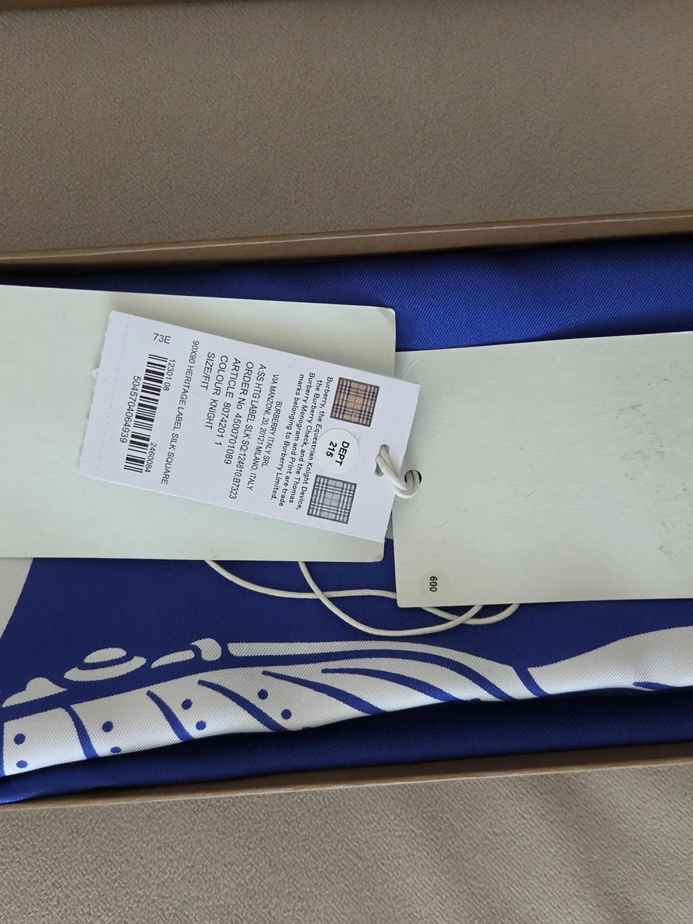 Burberry Blue and White Silk Logo Scarf